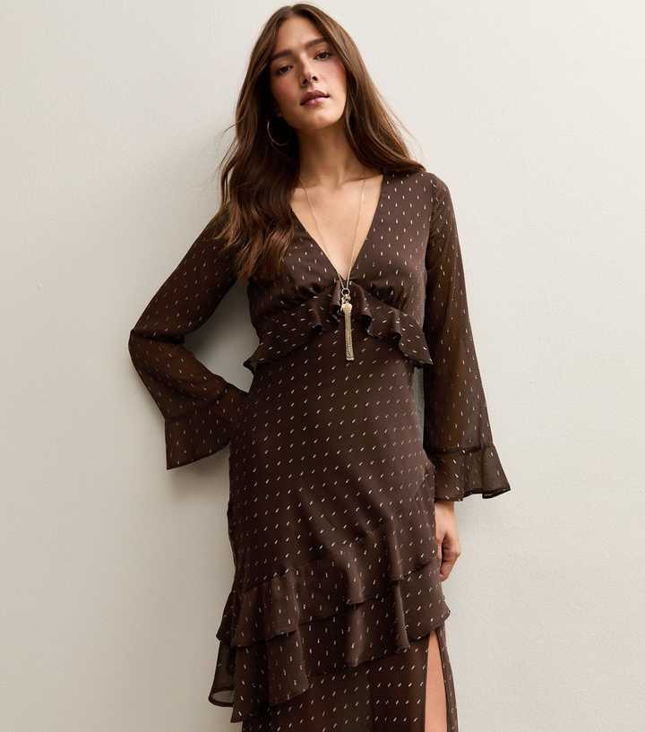 Dark Brown Foil Spot Ruff Trim Midi Dress