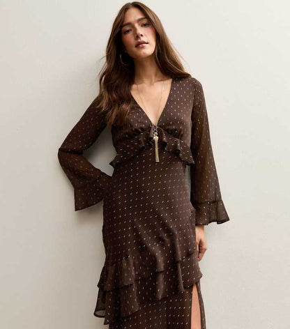 Dark Brown Foil Spot Ruff Trim Midi Dress