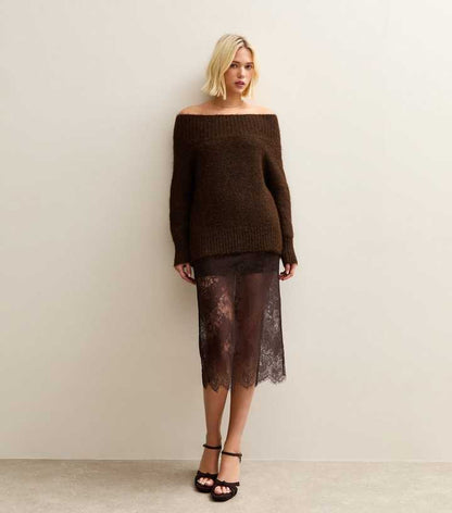 Dark Brown Lace Midi Skirt