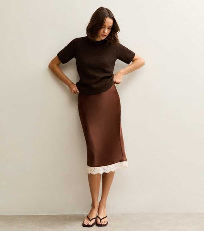 Dark Brown Satin Lace Trim Skirt