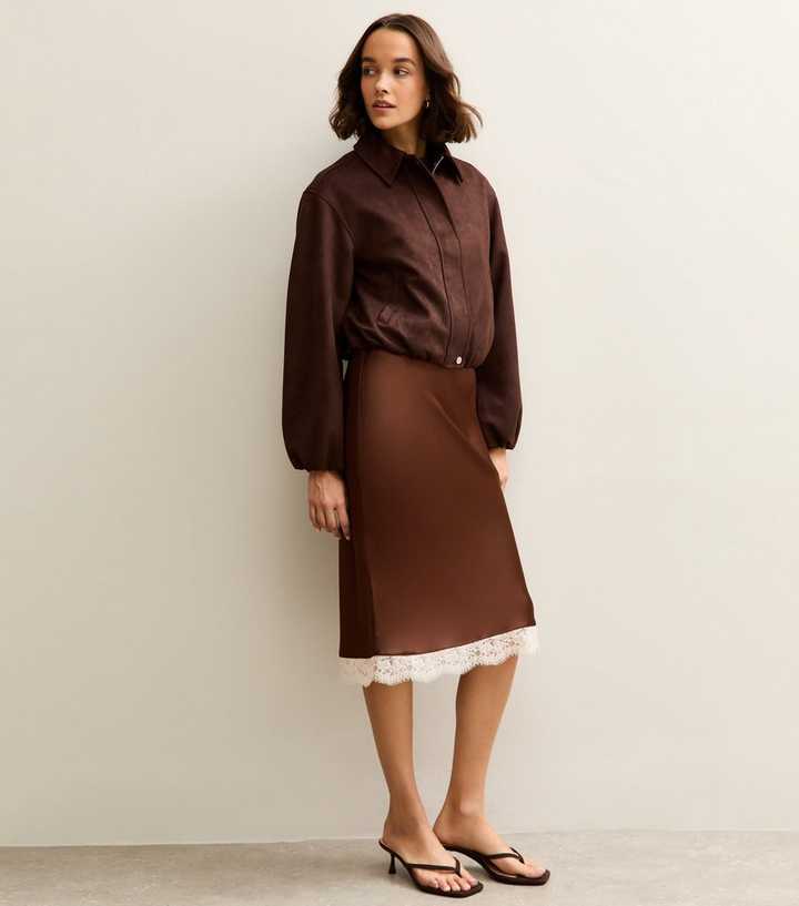 Dark Brown Satin Lace Trim Skirt