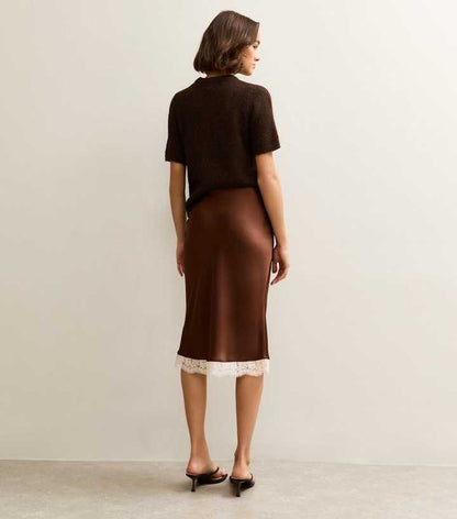 Dark Brown Satin Lace Trim Skirt