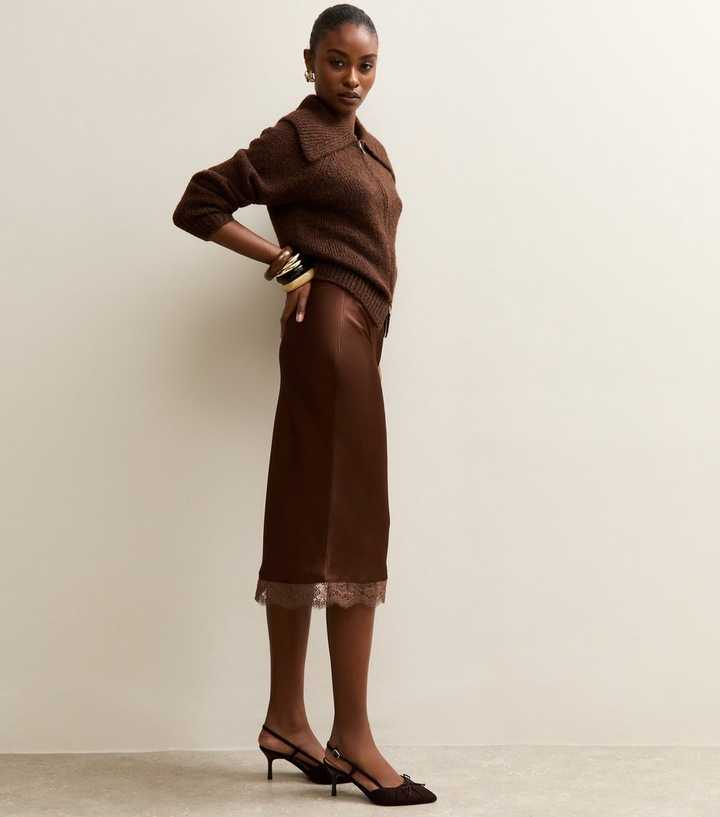 Dark Brown Satin Lace Trimmed Midi Skirt