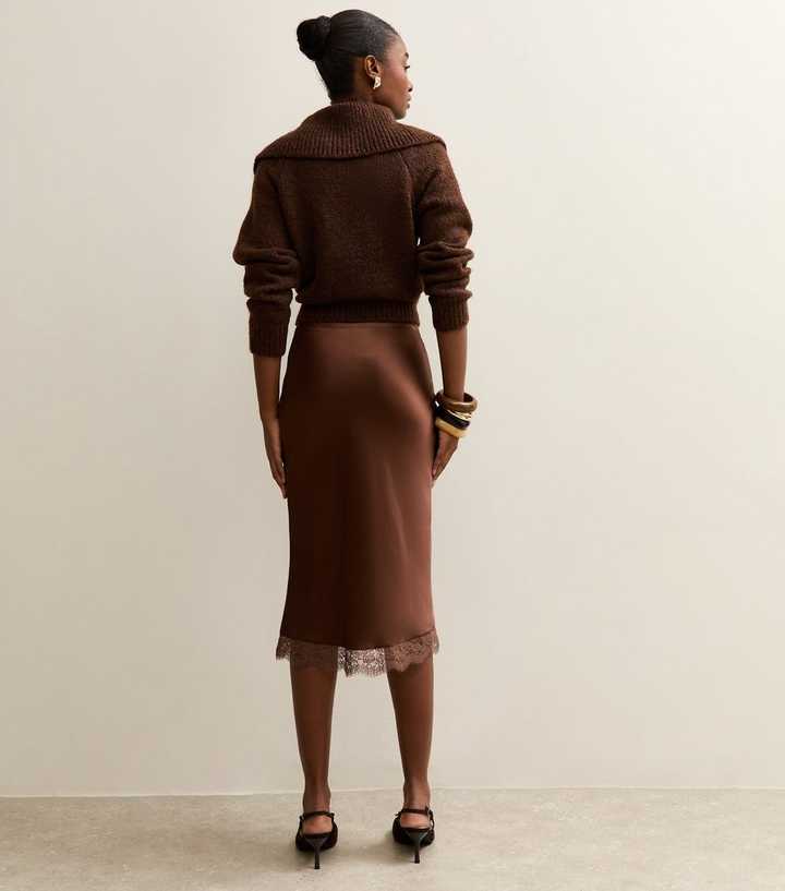 Dark Brown Satin Lace Trimmed Midi Skirt