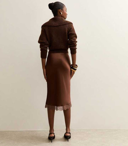 Dark Brown Satin Lace Trimmed Midi Skirt