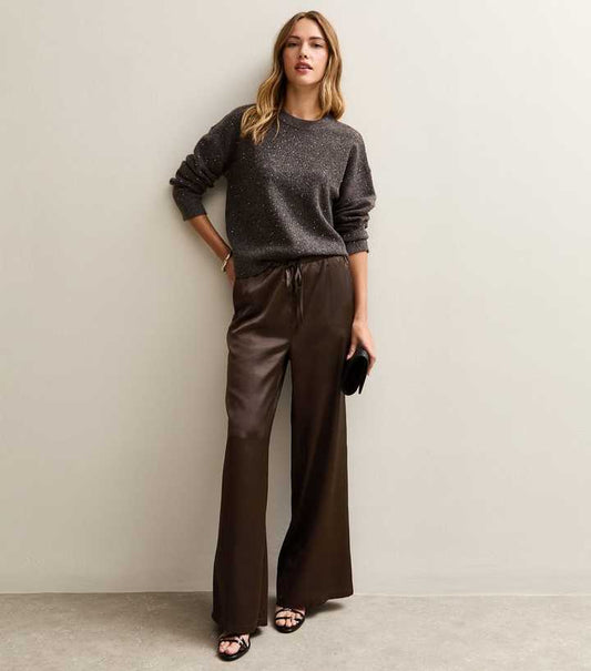 Dark Brown Satin Wide Leg Trousers