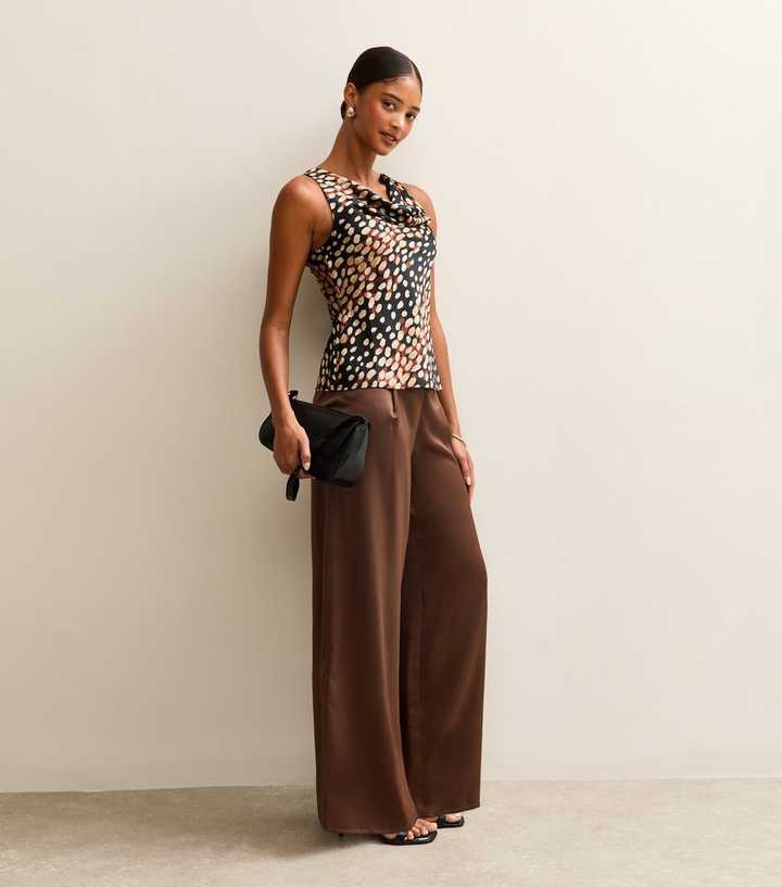 Dark Brown Soft Touch Satin Wide Leg Trousers