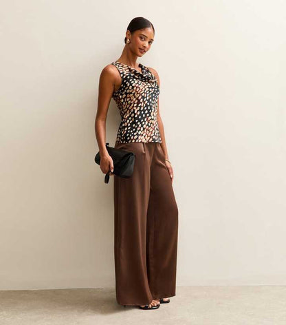 Dark Brown Soft Touch Satin Wide Leg Trousers