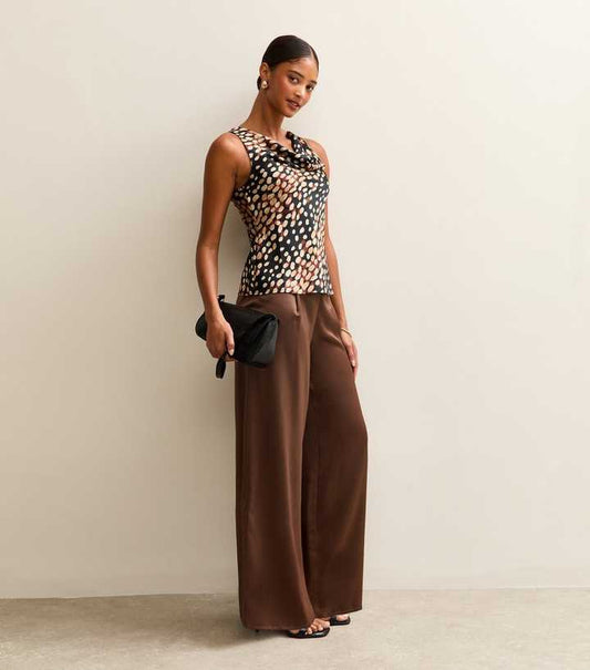 Dark Brown Soft Touch Satin Wide Leg Trousers