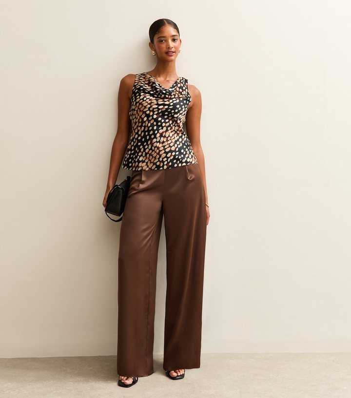 Dark Brown Soft Touch Satin Wide Leg Trousers