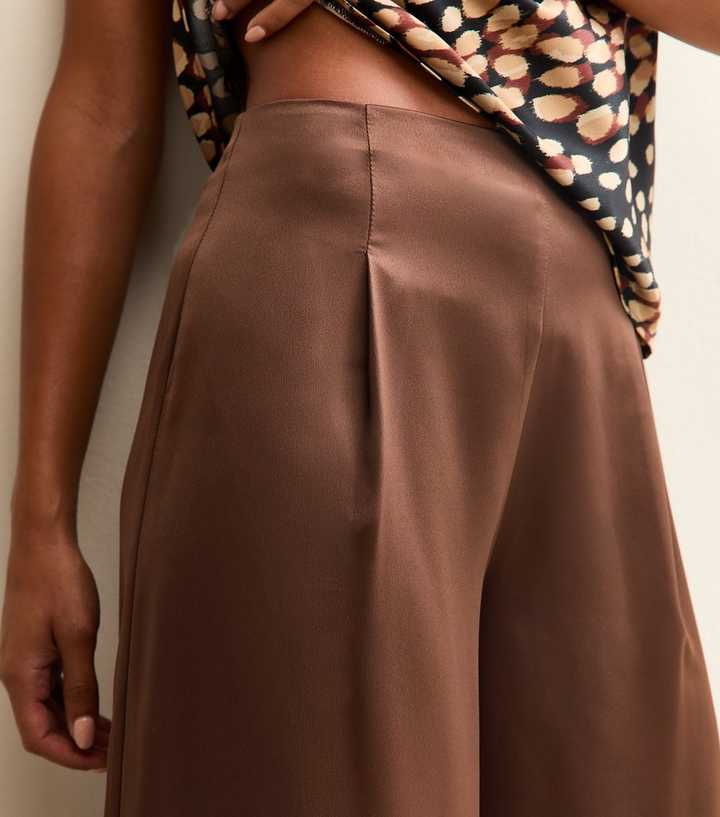 Dark Brown Soft Touch Satin Wide Leg Trousers