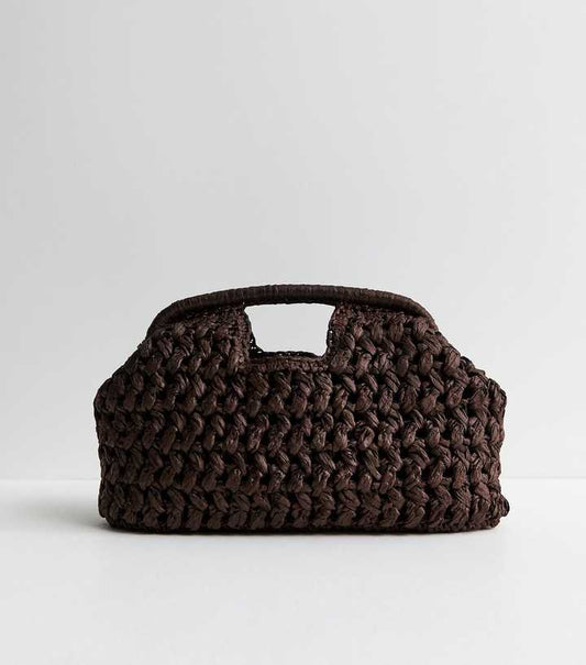 Dark Brown Woven Slouch Grab Clutch