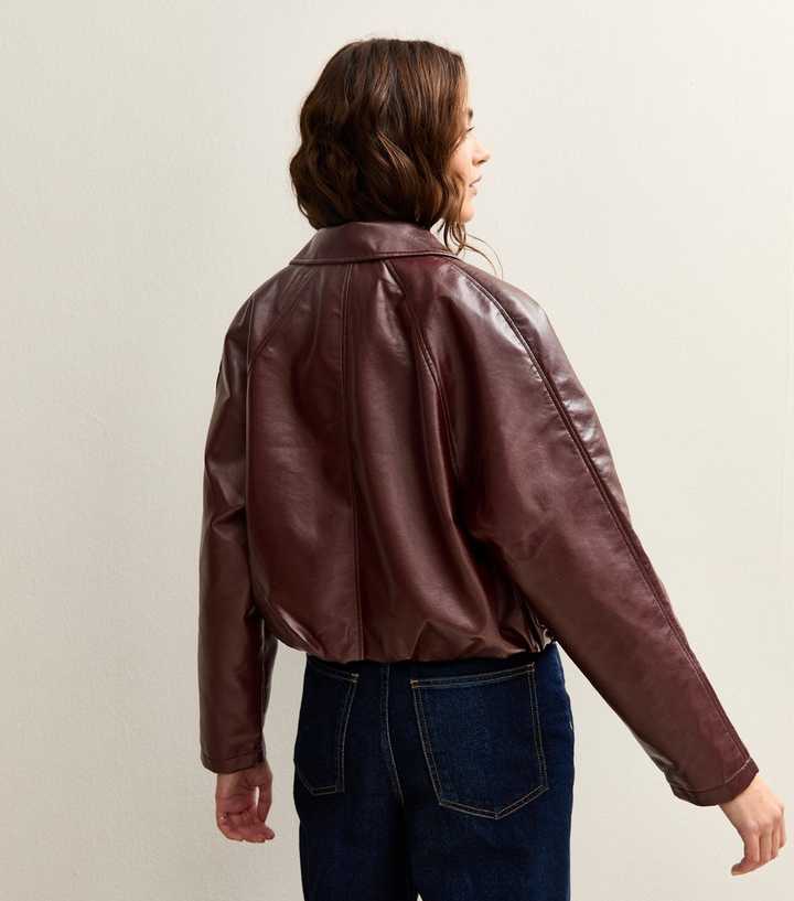 Dark Burgundy Bubble Hem Faux Leather Jacket