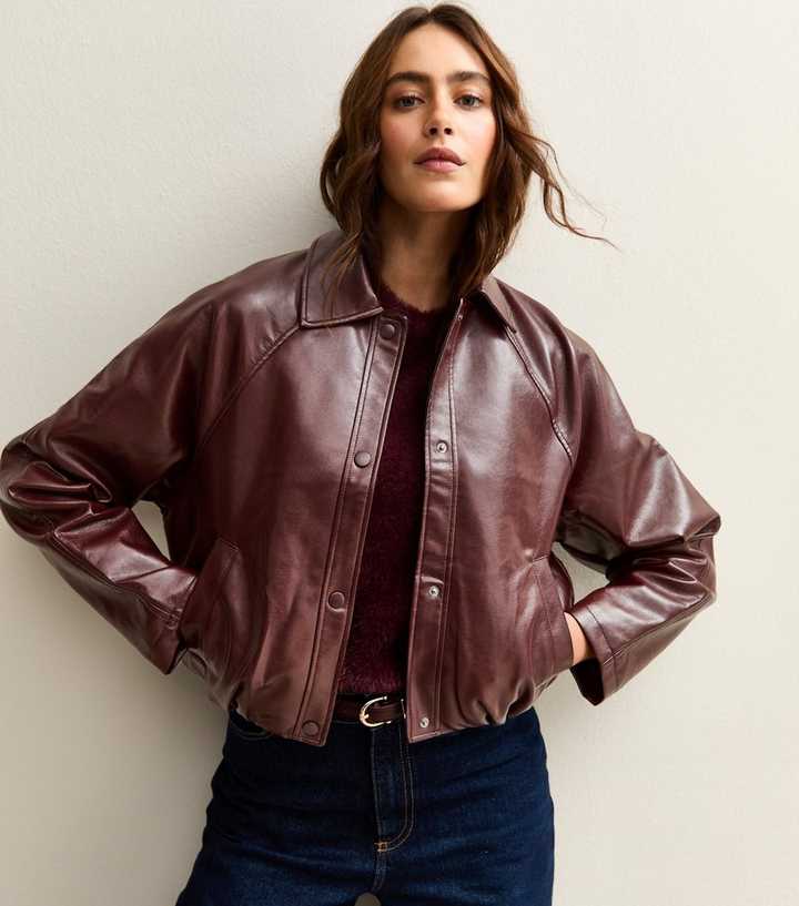 Dark Burgundy Bubble Hem Faux Leather Jacket