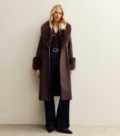 Dark Burgundy Faux Leather Faux Fur Trim Longline Jacket