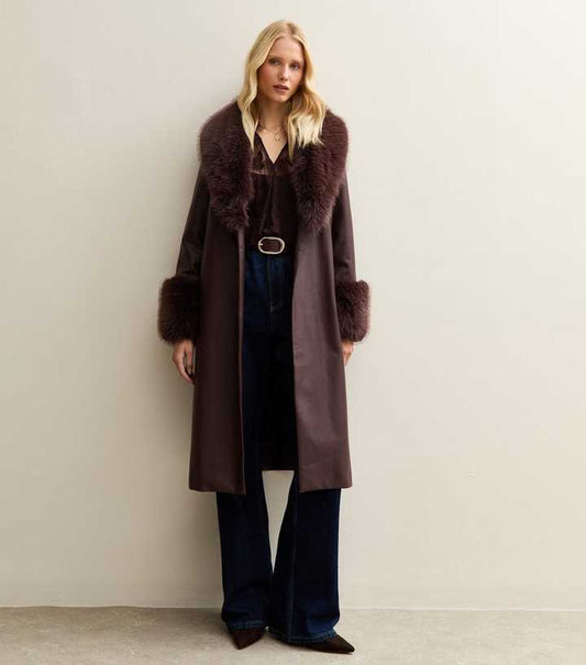 Dark Burgundy Faux Leather Faux Fur Trim Longline Jacket