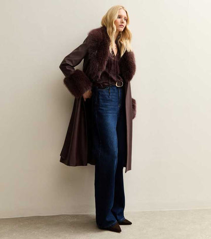 Dark Burgundy Faux Leather Faux Fur Trim Longline Jacket