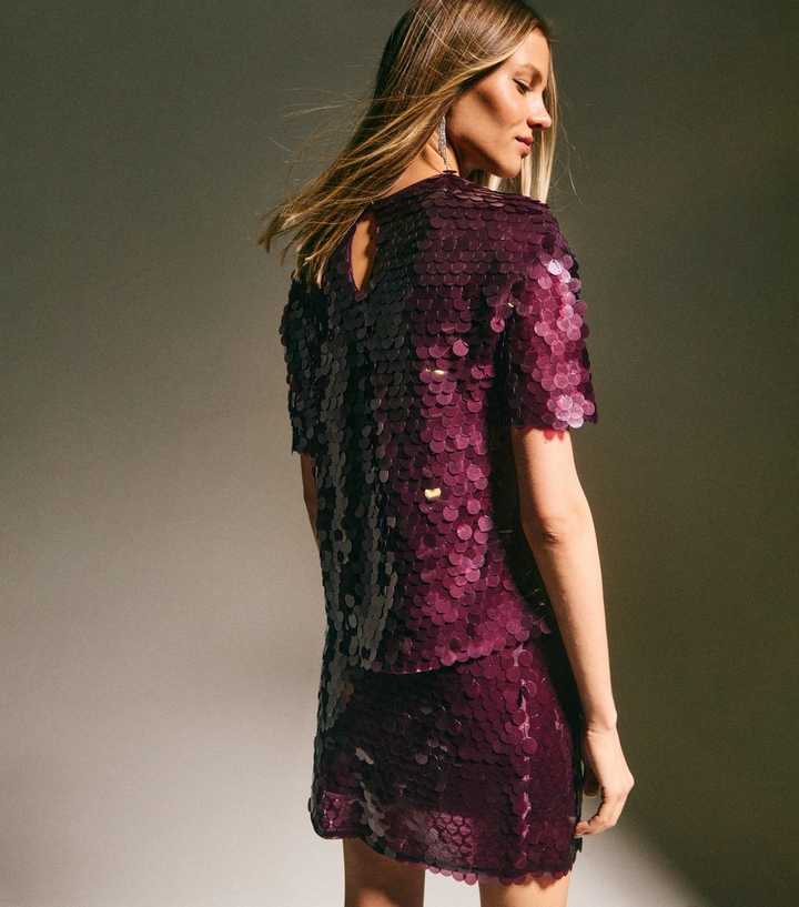 Dark Burgundy Sequinned Short Sleeve Top