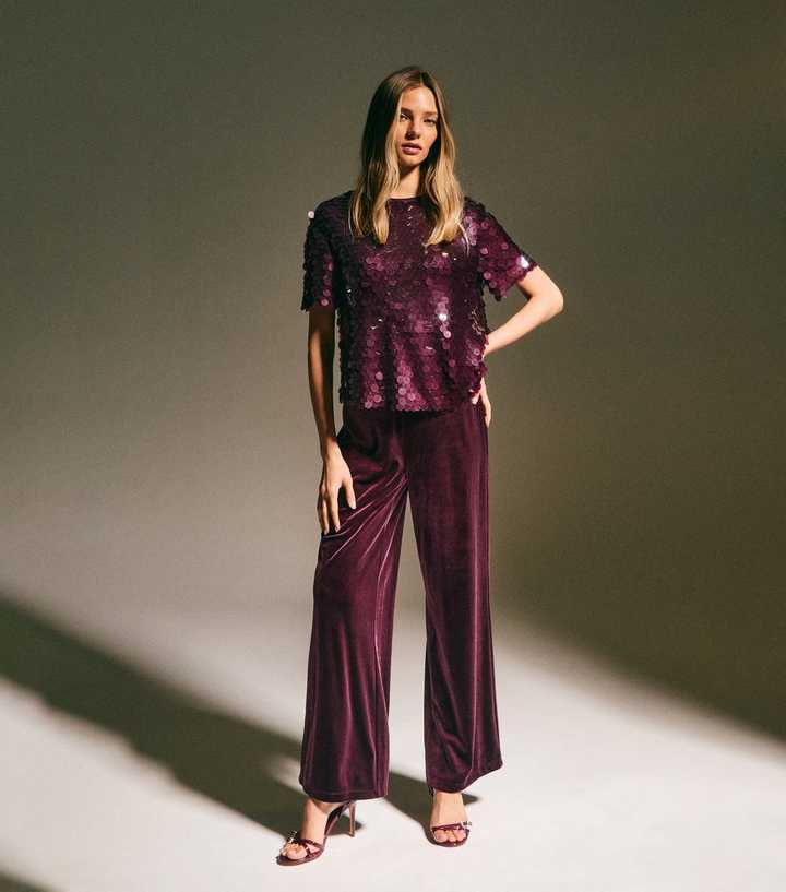 Dark Burgundy Sequinned Short Sleeve Top