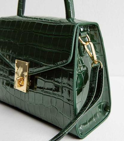 Dark Green Faux Croc Leather Crossbody Bag
