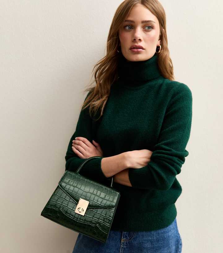 Dark Green Faux Croc Leather Crossbody Bag