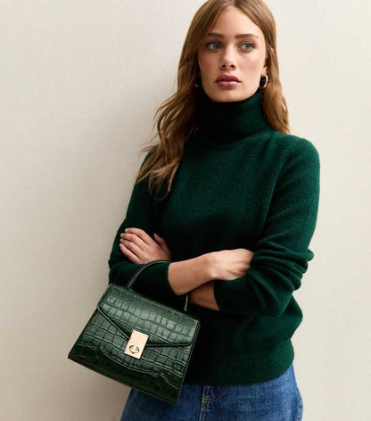 Dark Green Faux Croc Leather Crossbody Bag