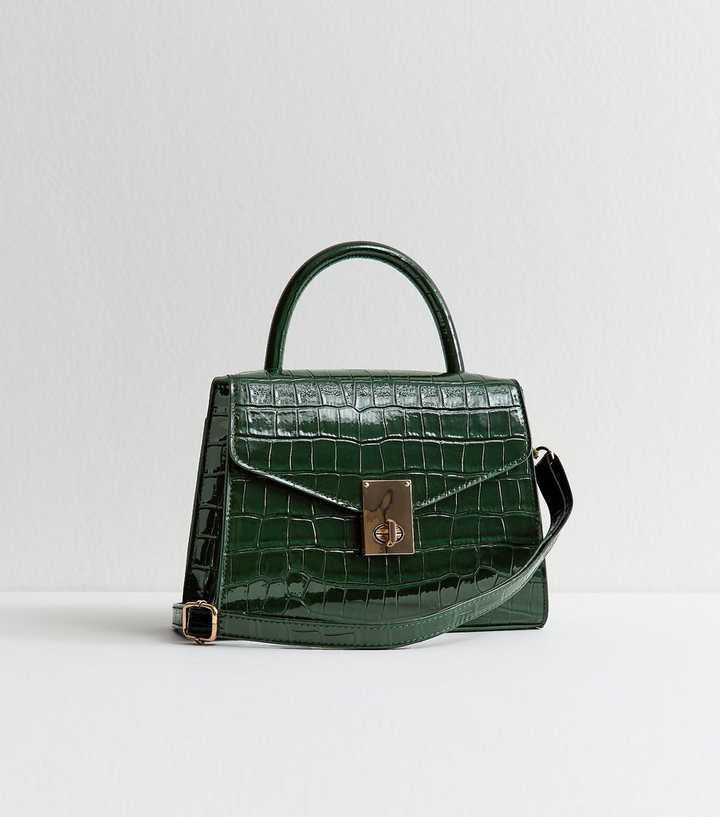 Dark Green Faux Croc Leather Crossbody Bag