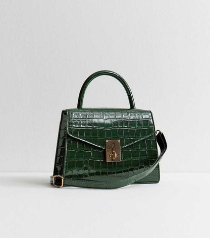 Dark Green Faux Croc Leather Crossbody Bag