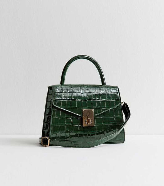Dark Green Faux Croc Leather Crossbody Bag