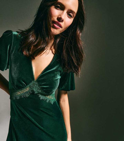 Dark Green Lace Trim Velvet Midi Dress