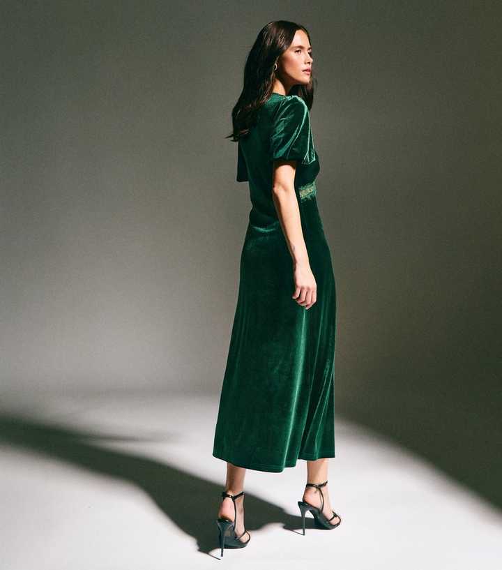 Dark Green Lace Trim Velvet Midi Dress