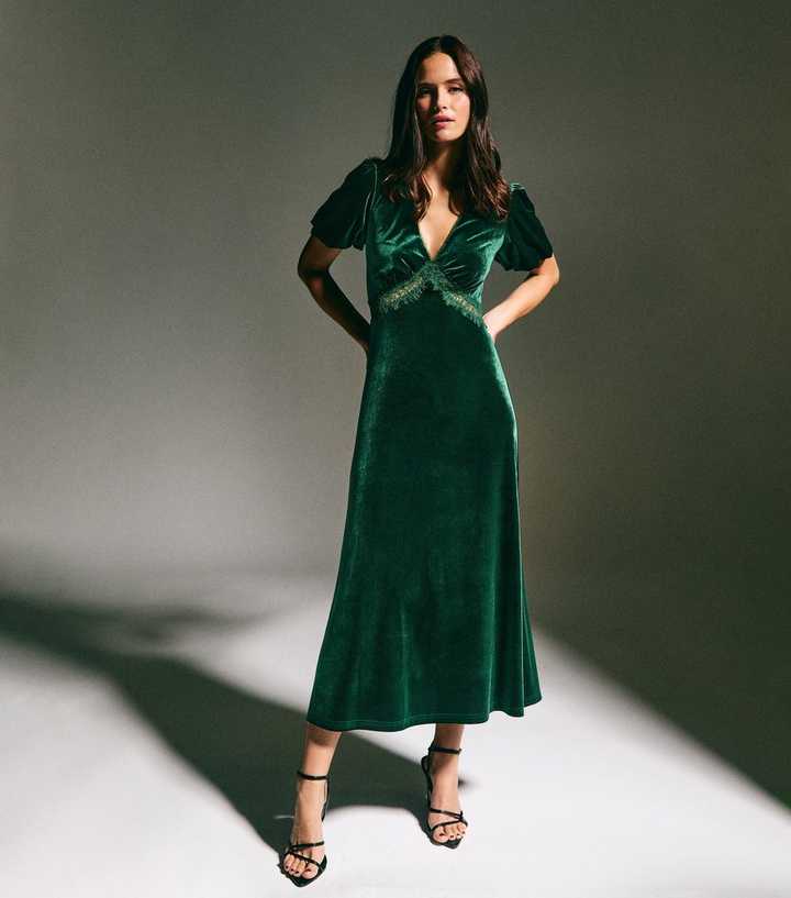 Dark Green Lace Trim Velvet Midi Dress