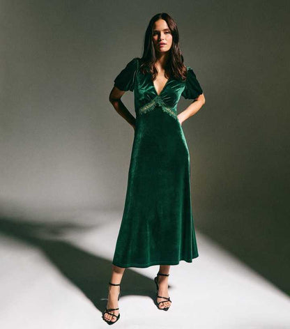 Dark Green Lace Trim Velvet Midi Dress