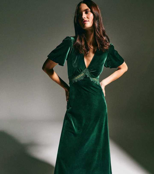 Dark Green Lace Trim Velvet Midi Dress