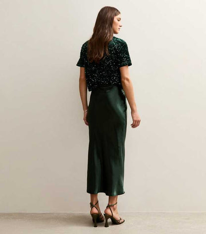 Dark Green Satin Midi Skirt