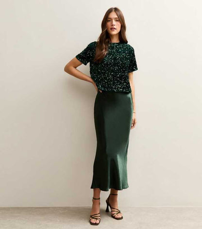 Dark Green Satin Midi Skirt