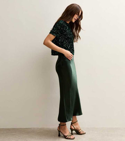 Dark Green Satin Midi Skirt