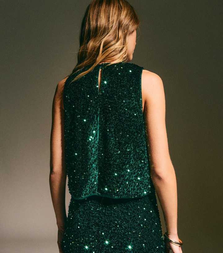 Dark Green Sequin Sleeveless Top