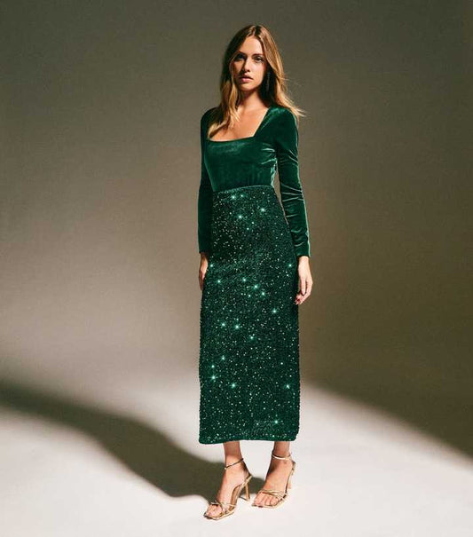 Dark Green Velvet Sequin Embellished Midi Skirt
