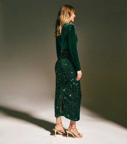Dark Green Velvet Sequin Embellished Midi Skirt