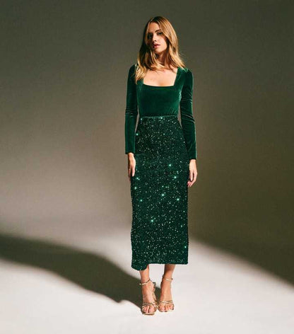 Dark Green Velvet Sequin Embellished Midi Skirt