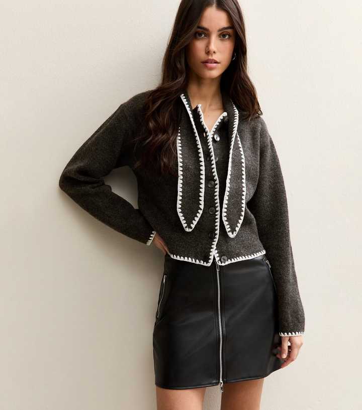 Dark Grey Blanket Stitch Neck Tie Cardigan