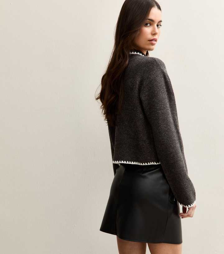 Dark Grey Blanket Stitch Neck Tie Cardigan