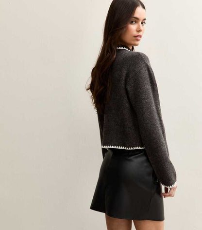 Dark Grey Blanket Stitch Neck Tie Cardigan