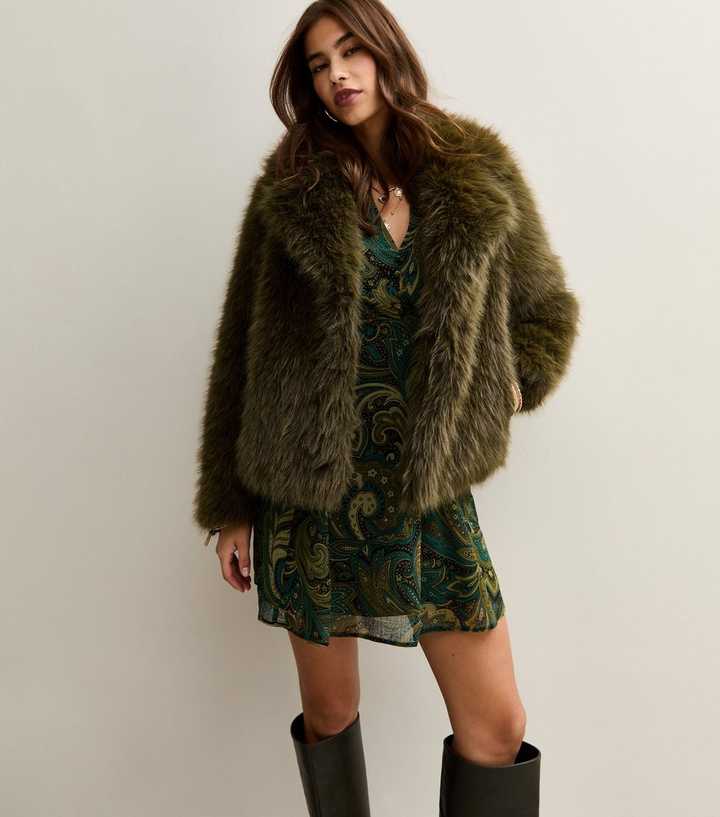 Dark Khaki Faux Fur Coat