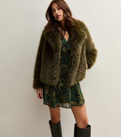 Dark Khaki Faux Fur Coat