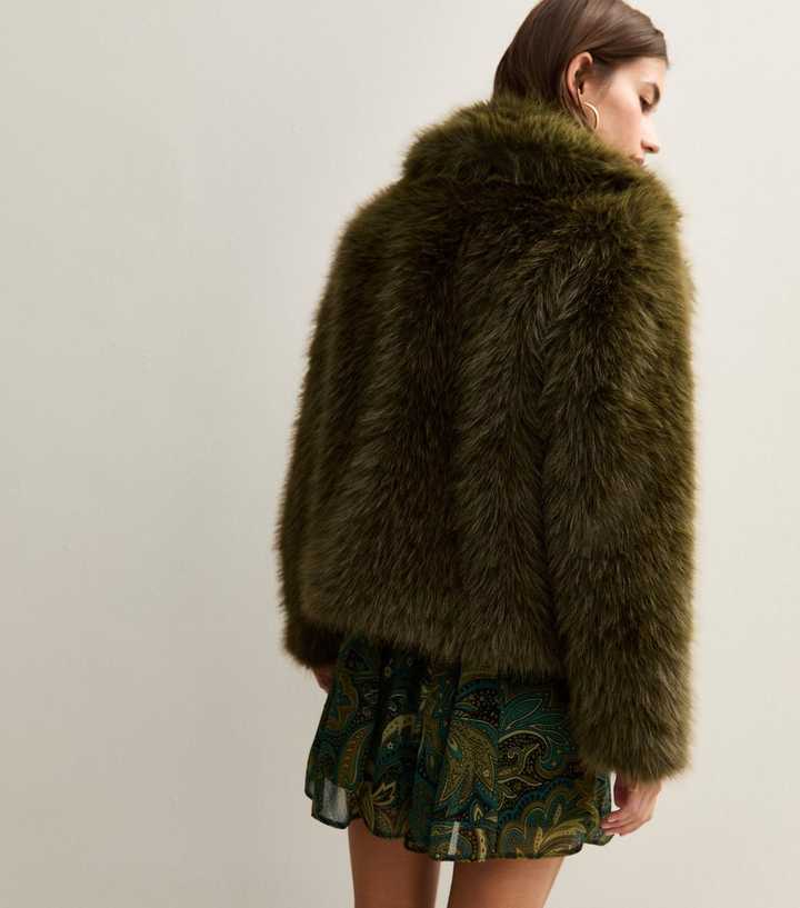 Dark Khaki Faux Fur Coat