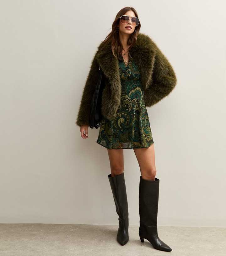 Dark Khaki Faux Fur Coat
