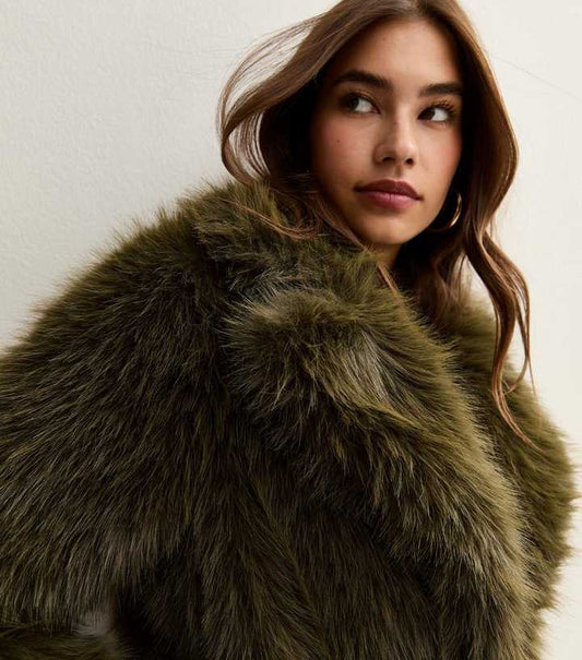 Dark Khaki Faux Fur Coat