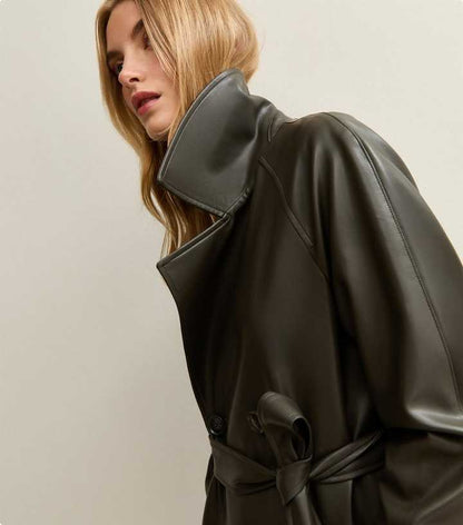 Dark Khaki Faux Leather Trench Coat